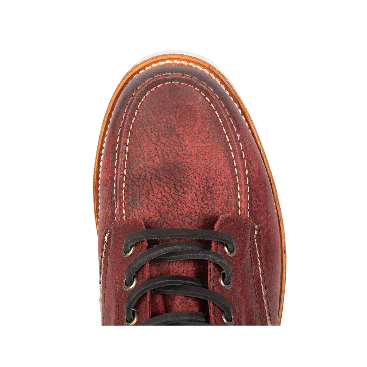 Top view showing round toe and leather lacing on FREEBIRD men's Carbon wine shoe