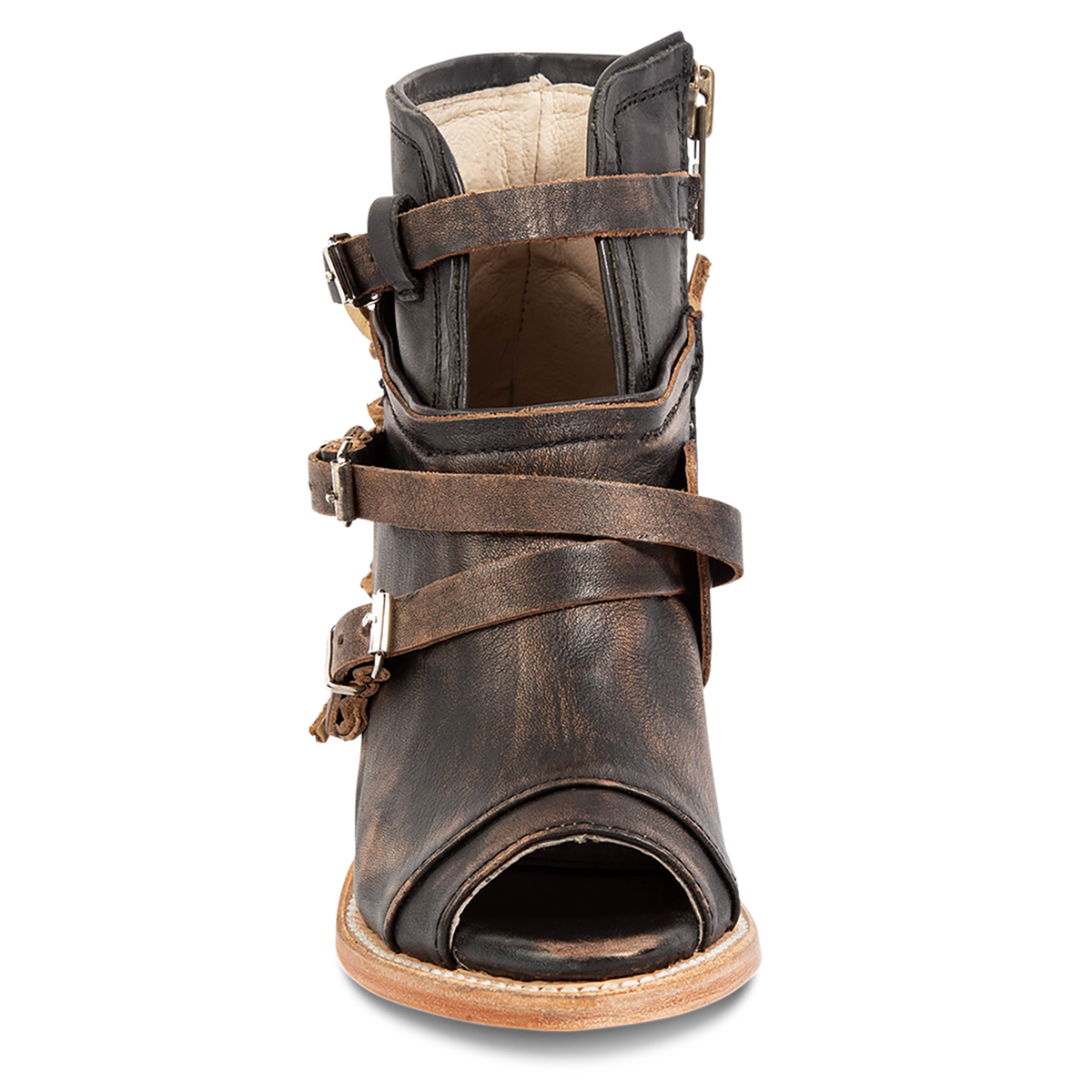 Front view showing cutout and leather ankle strap FREEBIRD women's Carterr black sandal