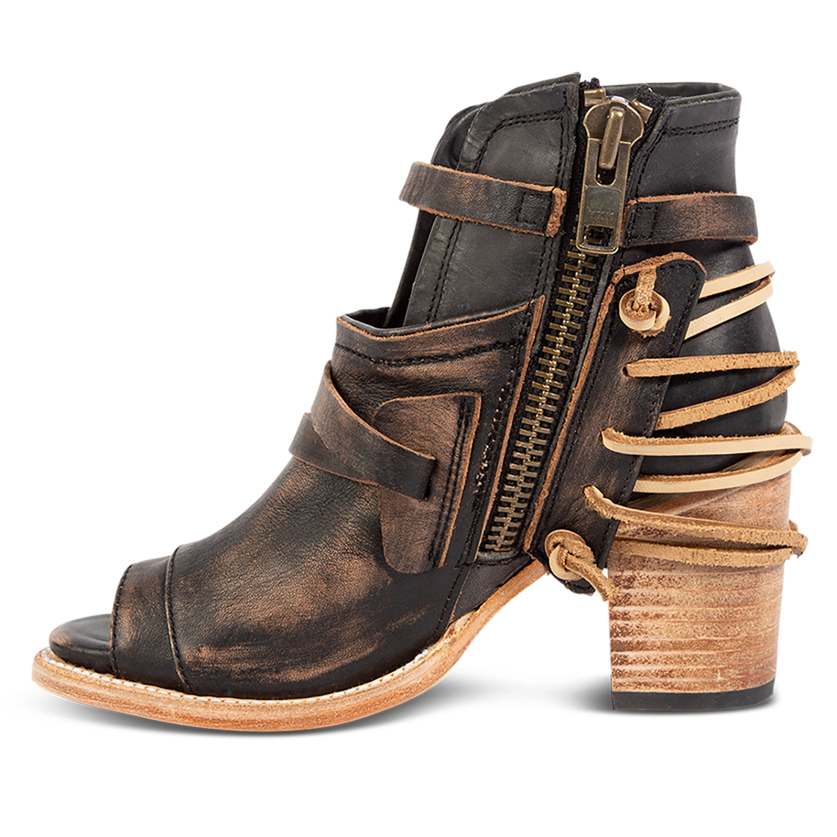 Inside view showing working brass zip closure on FREEBIRD women's Carterr black sandal