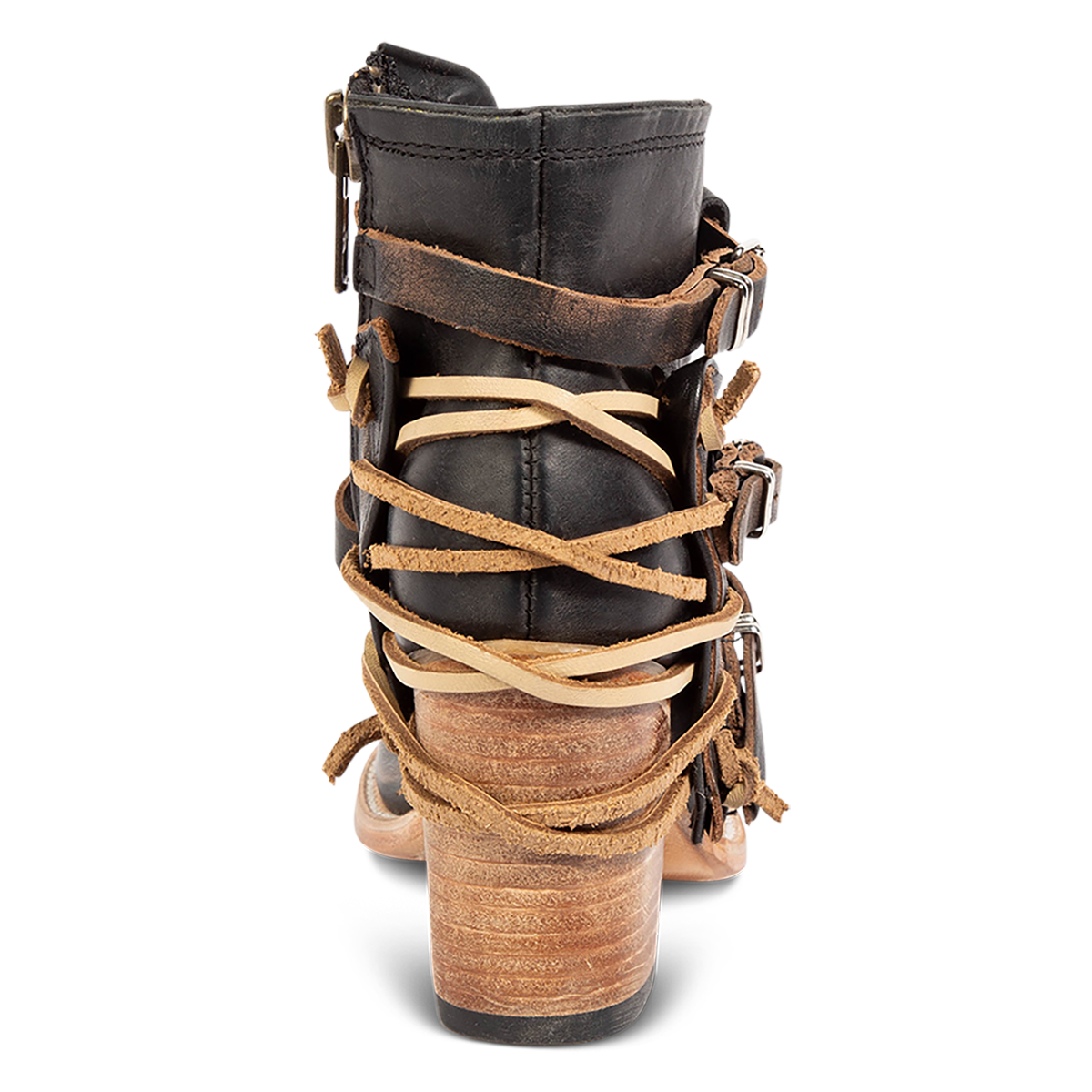 Back view showing black leather lacing and wood wrapped heel on FREEBIRD women's Carterr black sandal