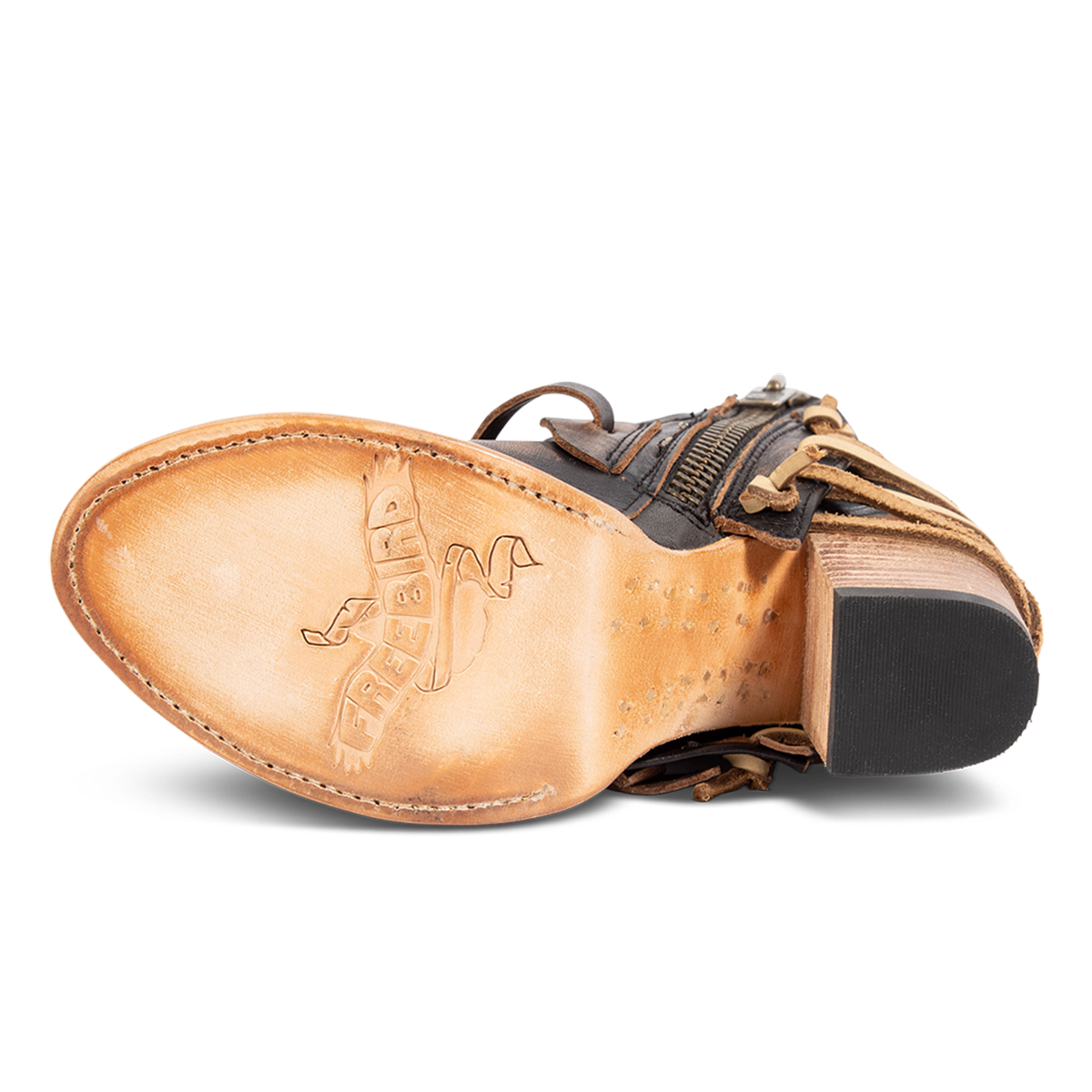 Leather sole imprinted with FREEBIRD on women's Carterr black sandal