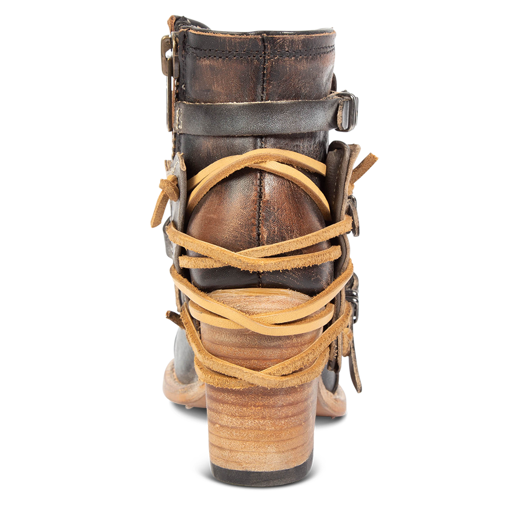 Back view showing black leather lacing and wood wrapped heel on FREEBIRD women's Carterr ice multi sandal