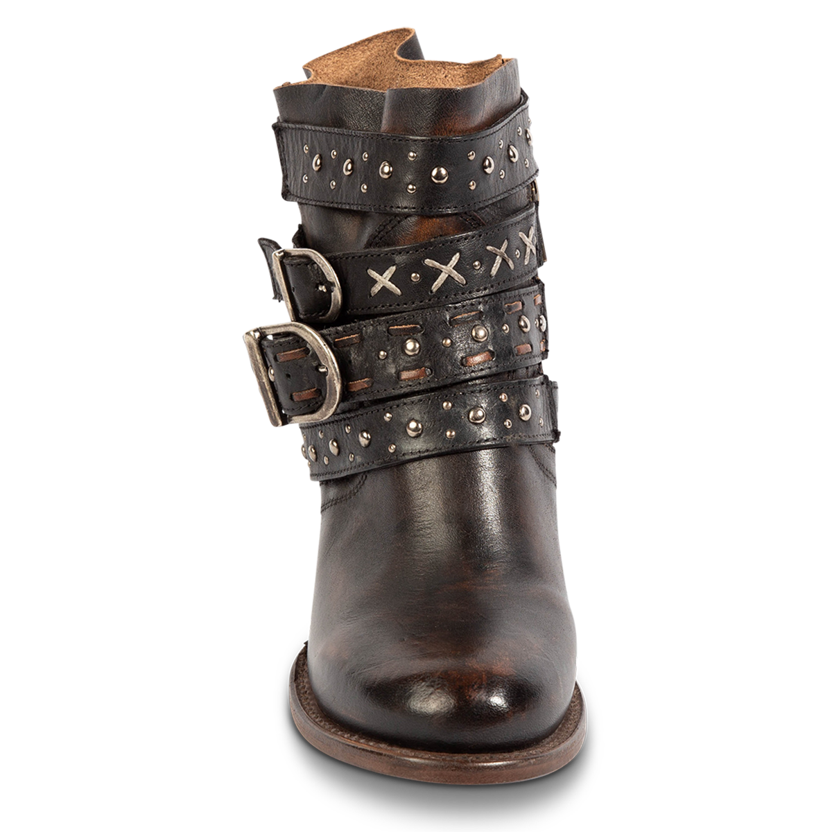 Front view showing FREEBIRD women's Caspian black multi leather bootie with back tie lacing, round toe construction and adjustable shaft belts