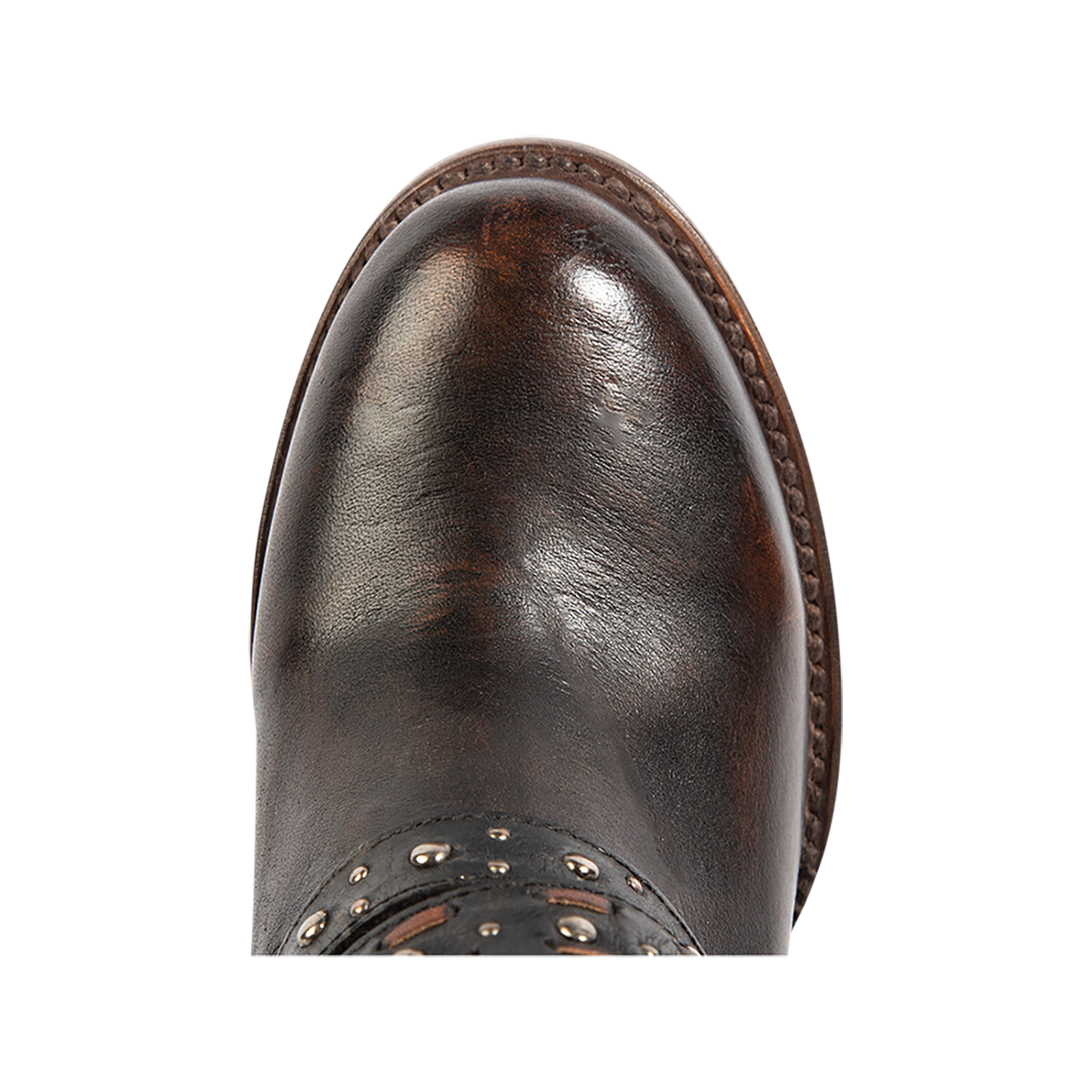Top view showing FREEBIRD women's Caspian black multi leather bootie with round toe construction