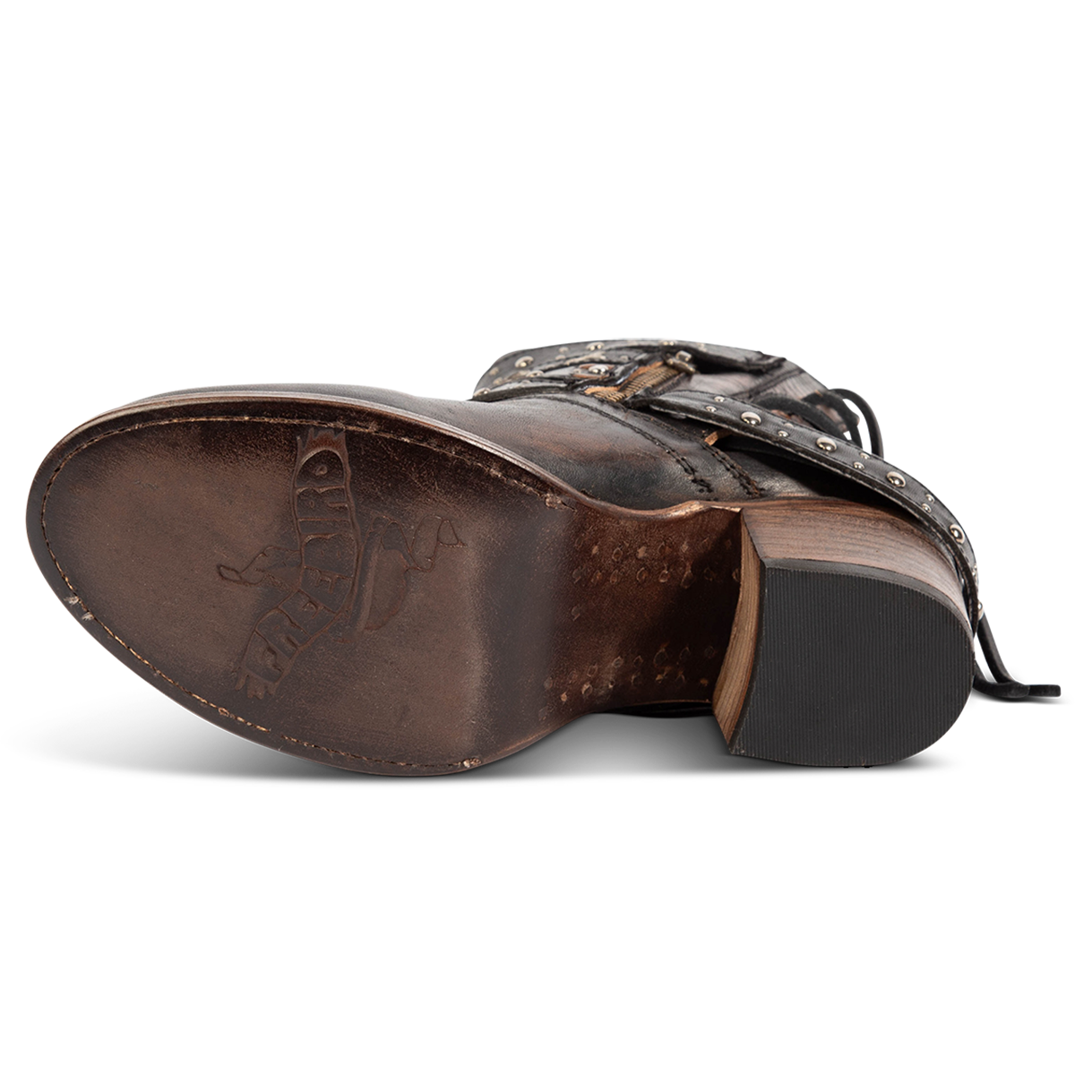 Leather sole imprinted with FREEBIRD on women's Caspian black multi leather bootie