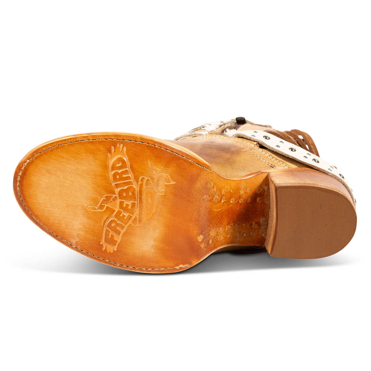 Leather sole imprinted with FREEBIRD on women's Caspian caspian multi bootie