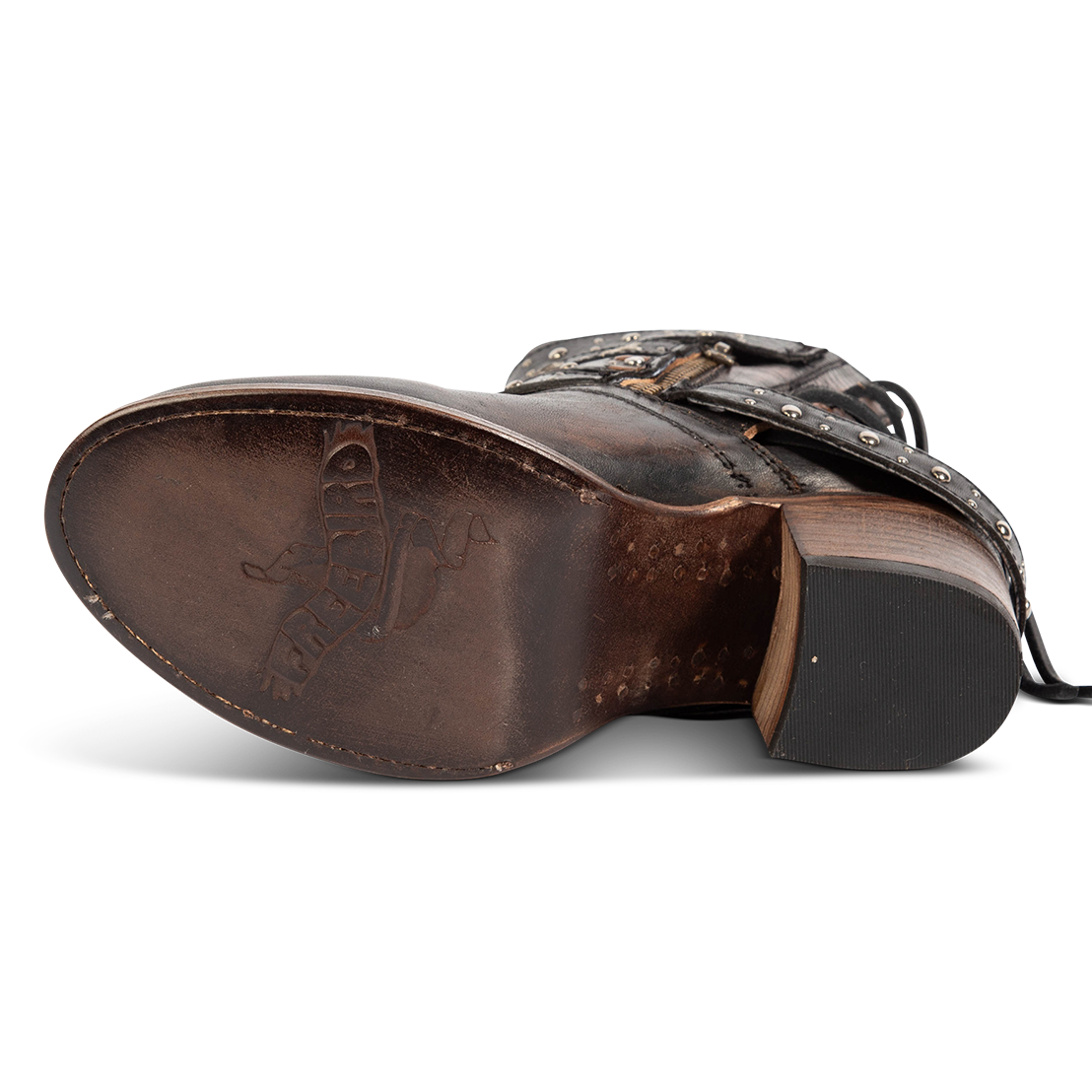 Leather sole imprinted with FREEBIRD on women's Caspian black multi leather bootie