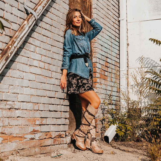 FREEBIRD women's Cassius beige multi strappy tall boot with back lacing ankle overlay lifestyle