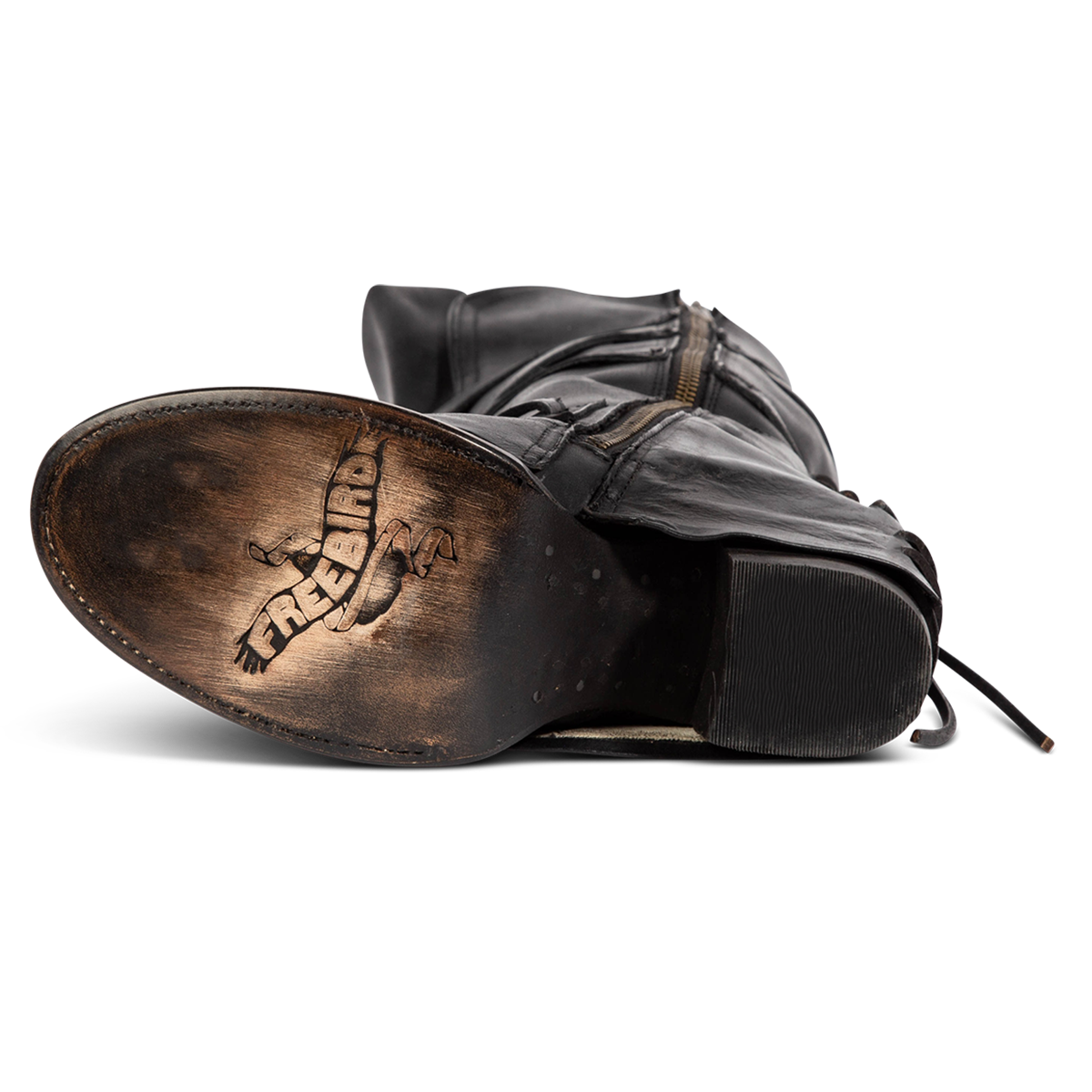 Leather sole imprinted with FREEBIRD on women's Cassius black leather tall wrap boot