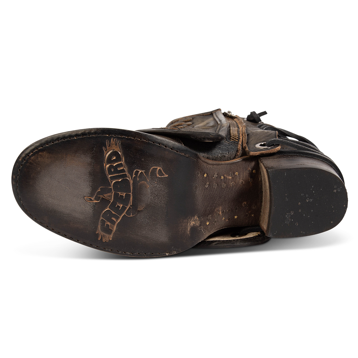 Leather sole imprinted with FREEBIRD on women's Cedrick black distressed leather bootie