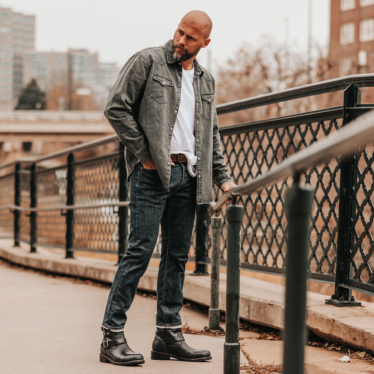 FREEBIRD men's Charles black leather boot with full grain leather, dual leather straps and a rounded toe lifestyle