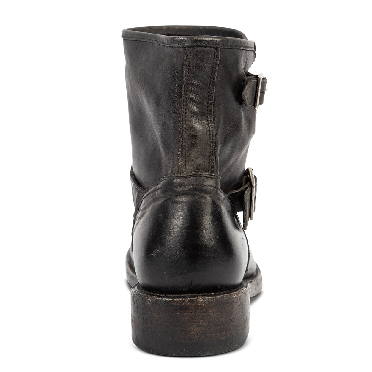 Back view showing stacked leather heel on FREEBIRD men's Charles black leather boot