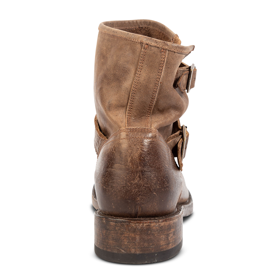 Back view showing stacked leather heel on FREEBIRD men's Charles brown leather boot
