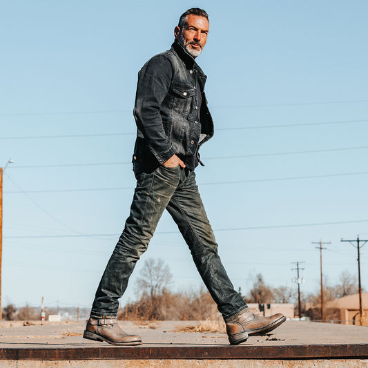 FREEBIRD men's Charles stone leather boot with full grain leather, dual leather straps and a rounded toe lifestyle