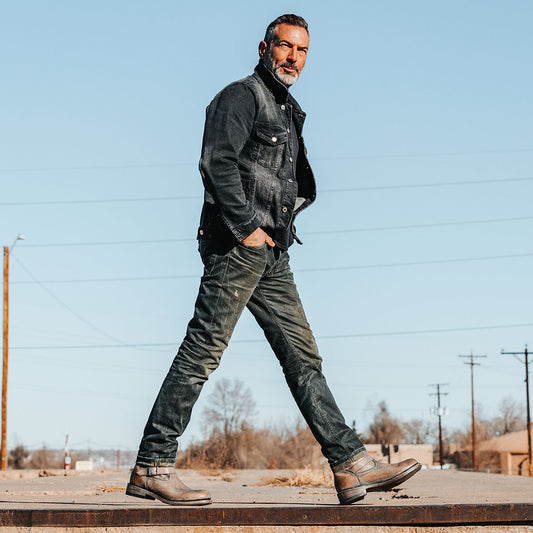 FREEBIRD men's Charles stone leather boot with full grain leather, dual leather straps and a rounded toe lifestyle image