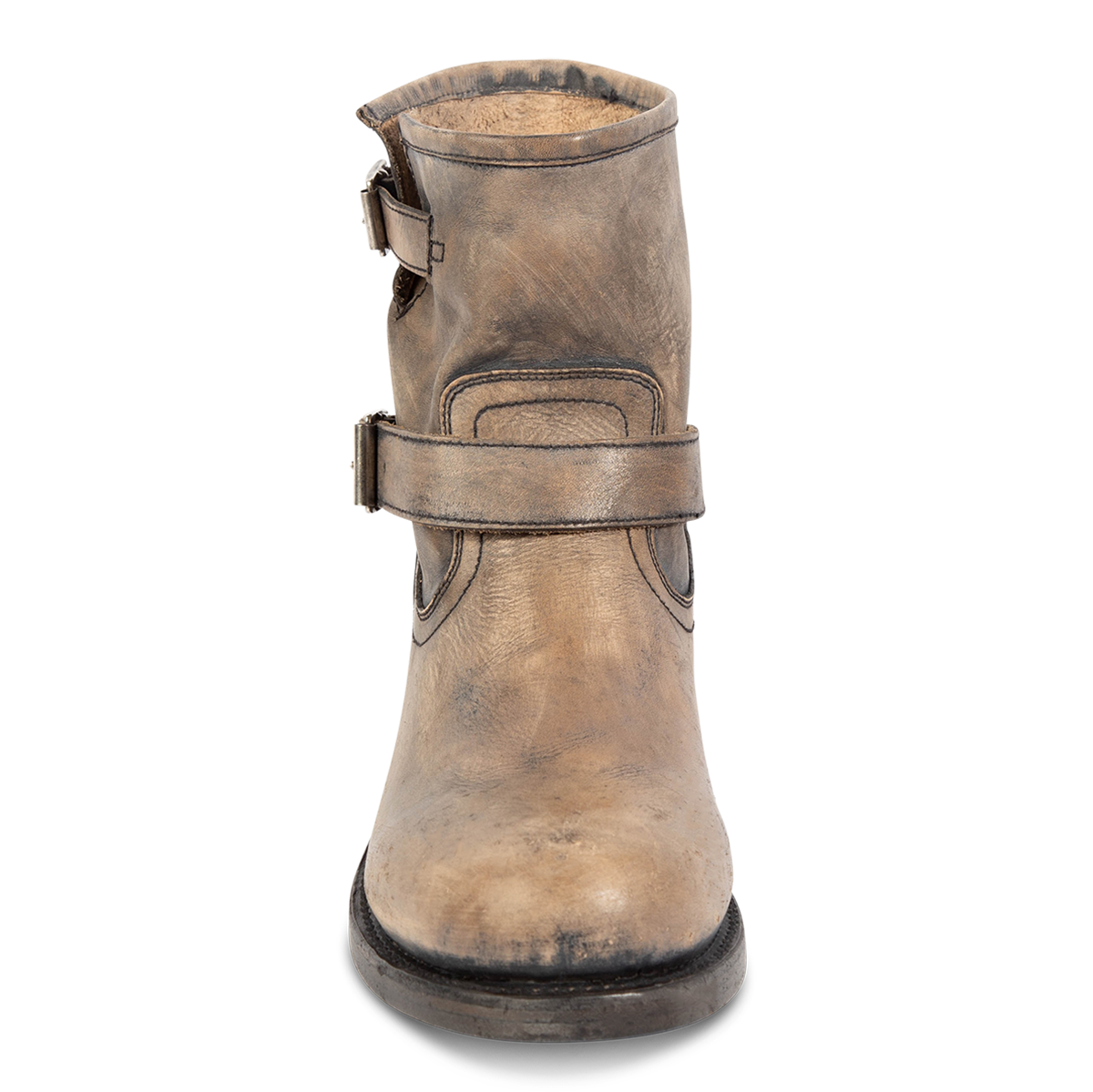 Front view showing dual leather straps and decorative shaft stitching on FREEBIRD men's Charles stone leather boot