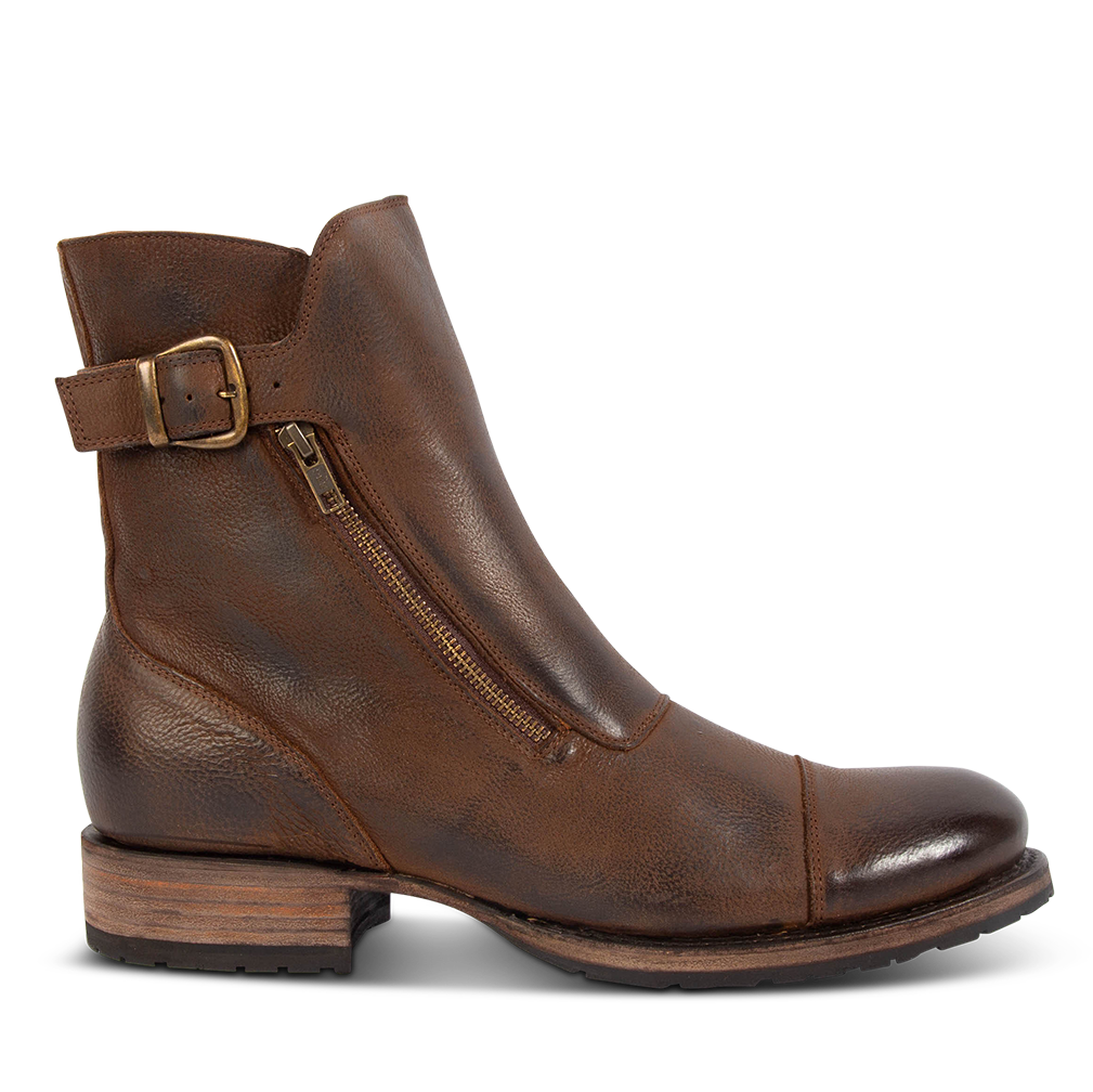 FREEBIRD men's Chayse brown leather boot featuring double zip closures, a low heel and adjustable rear buckle