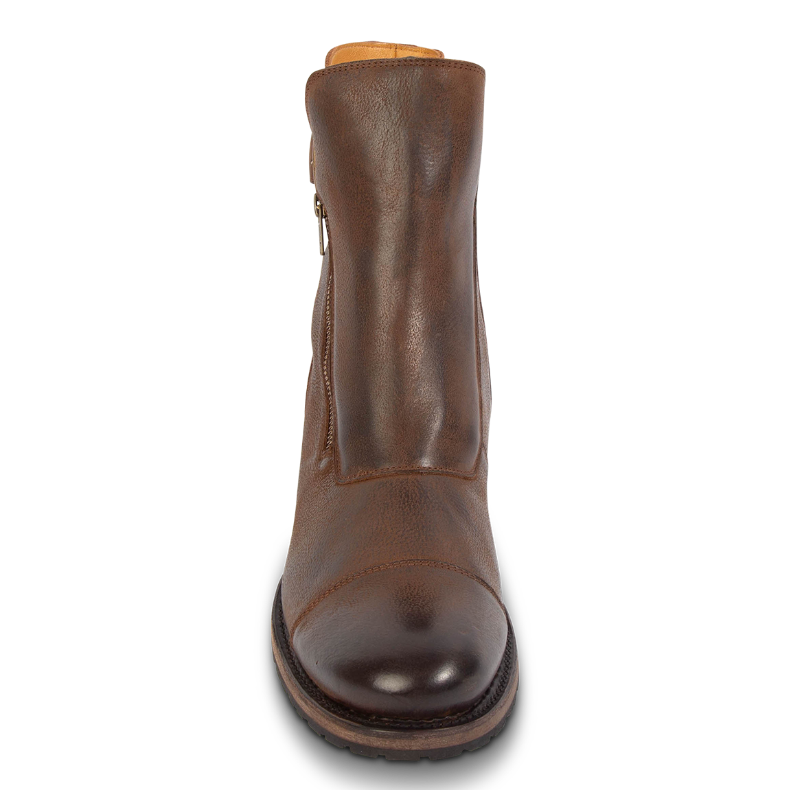 Front view showing leather overlay shaft construction on FREEBIRD men's Chayse brown leather boot