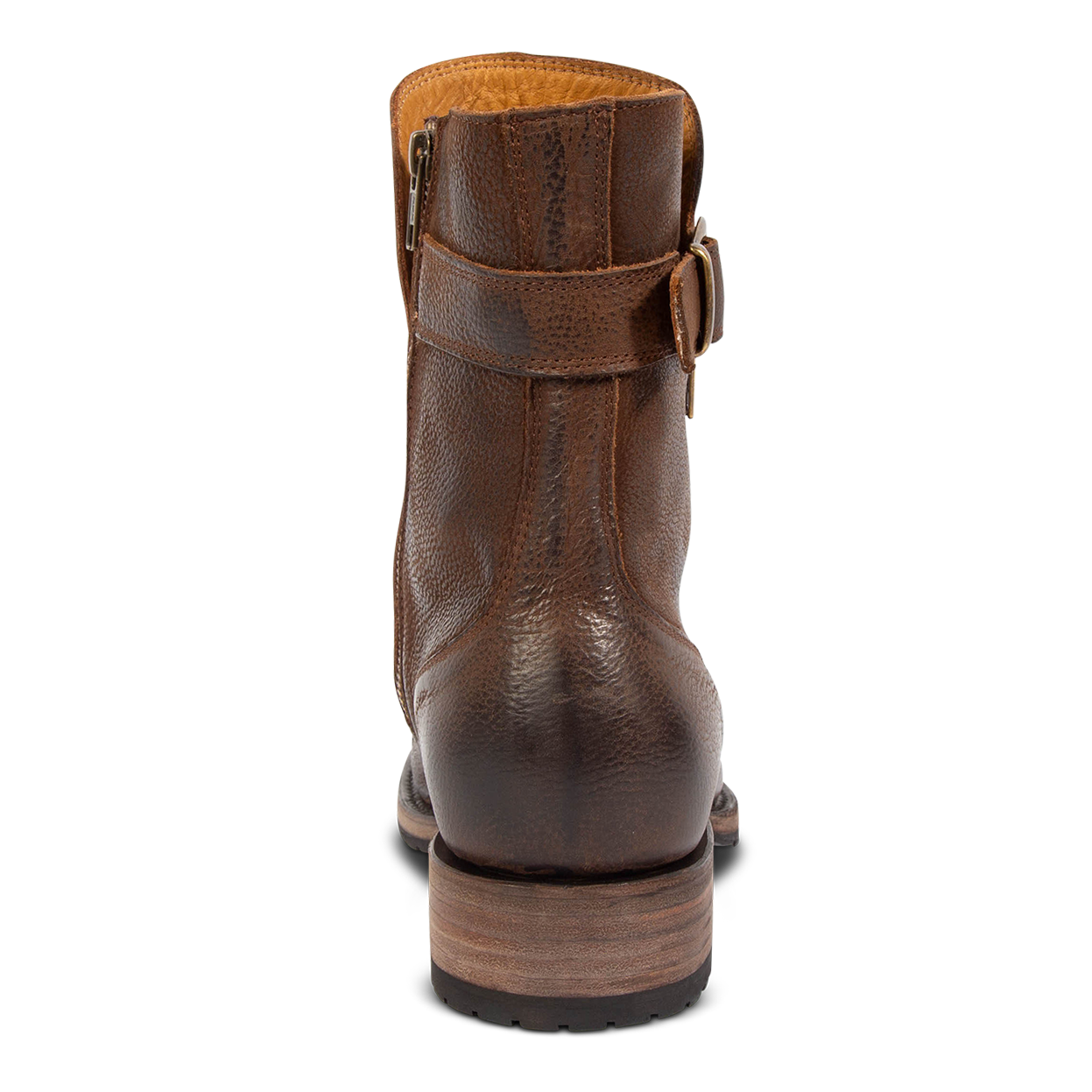 Back view showing adjustable rear buckle and low block heel on FREEBIRD men's Chayse brown leather boot