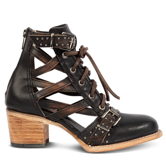 FREEBIRD women's Cheyenne black multi laser cut criss-cross leather lace up front silver buckle detail ankle bootie