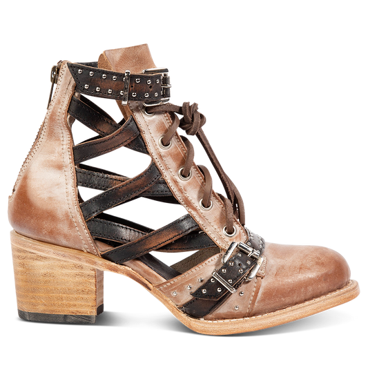 FREEBIRD women's Cheyenne taupe multi laser cut criss-cross leather lace up front silver buckle detail ankle bootie