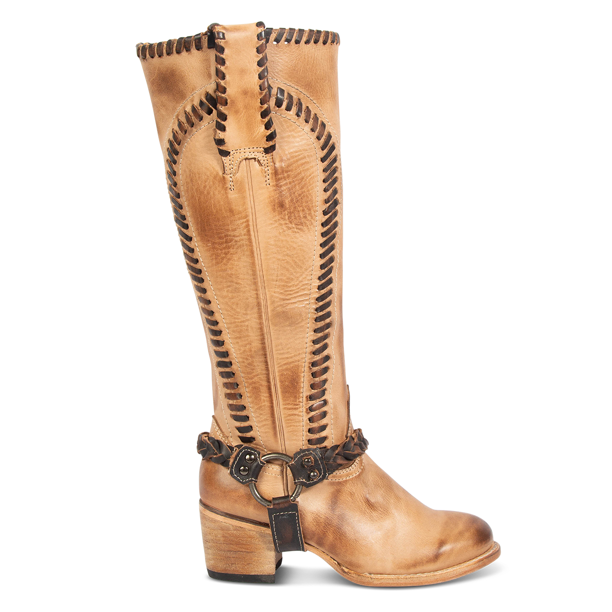 FREEBIRD women's Clover beige leather boot with whip stitch detailing, inside half zip closure and braided ankle harness
