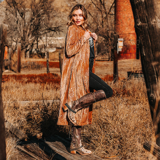 FREEBIRD women’s Coal black/beige python leather knee high adjustable back lacing boot lifestyle image