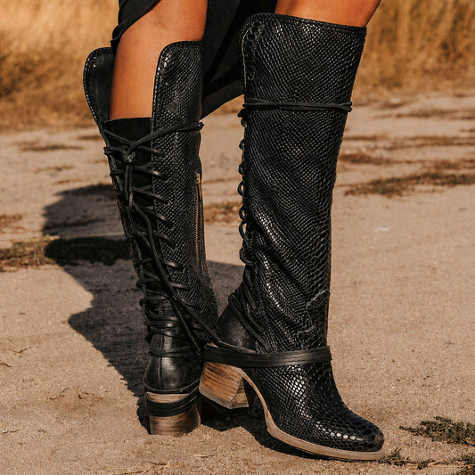 FREEBIRD women’s Coal black snake leather knee high adjustable back lacing boot
