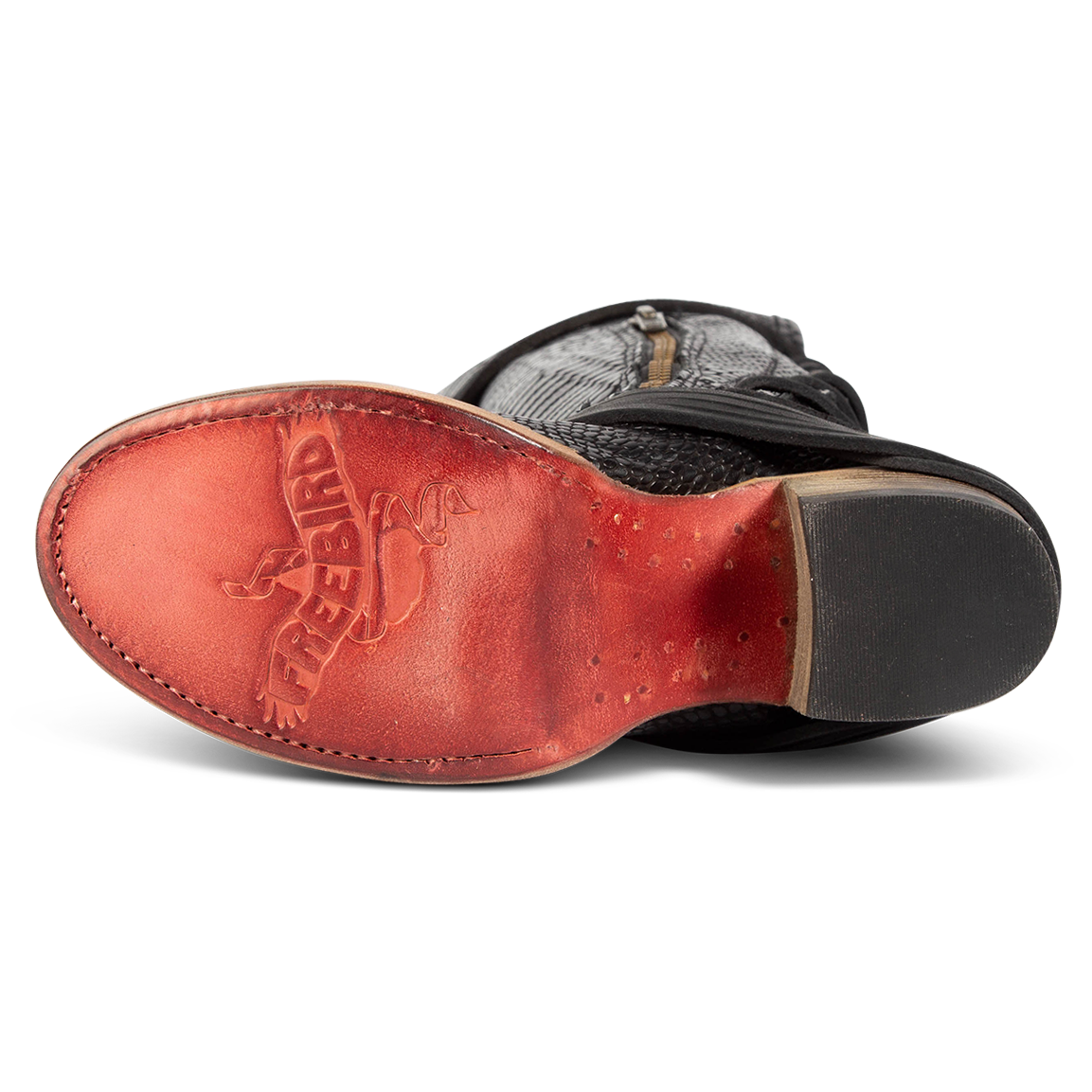 Leather sole imprinted with FREEBIRD on women's Coal black snake embossed leather tall boot