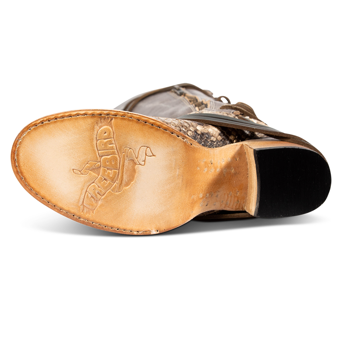 Leather sole imprinted with FREEBIRD on women's Coal black/beige python leather tall boot