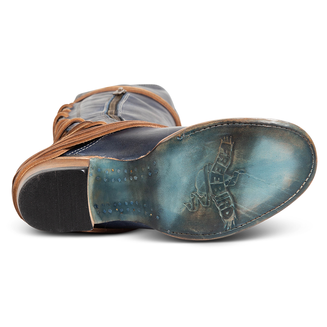 Leather sole imprinted with FREEBIRD on women's Coal blue leather boot