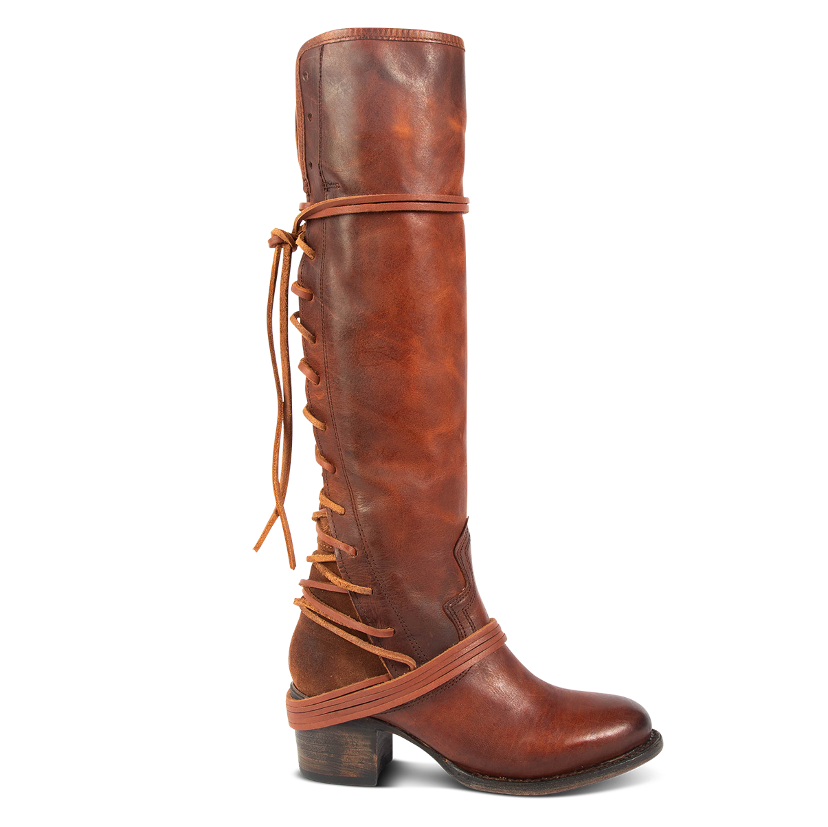 FREEBIRD women’s Coal cognac leather knee high adjustable back lacing boot