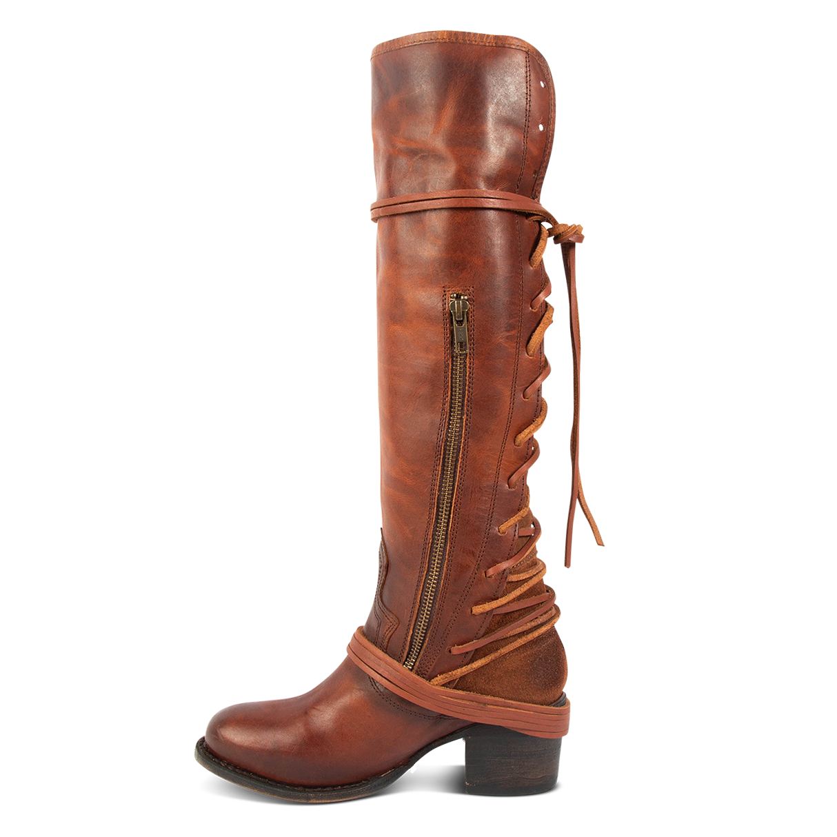 Inside view showing working brass zip closure and adjustable wrap around laces on FREEBIRD women's Coal cognac tall boot