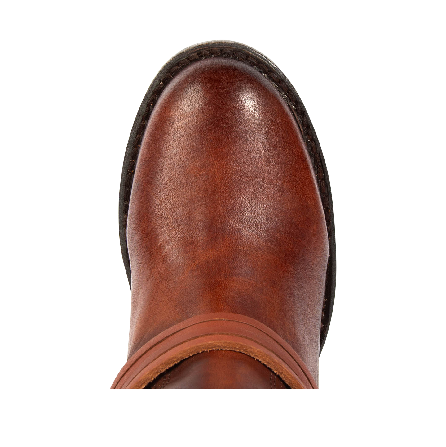 Top view showing round toe and leather ankle lacing on FREEBIRD women's Coal cognac tall boot