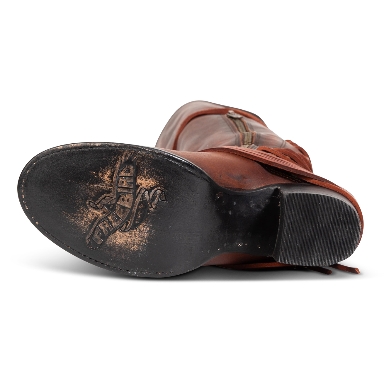 Leather sole imprinted with FREEBIRD on women's Coal cognac leather boot