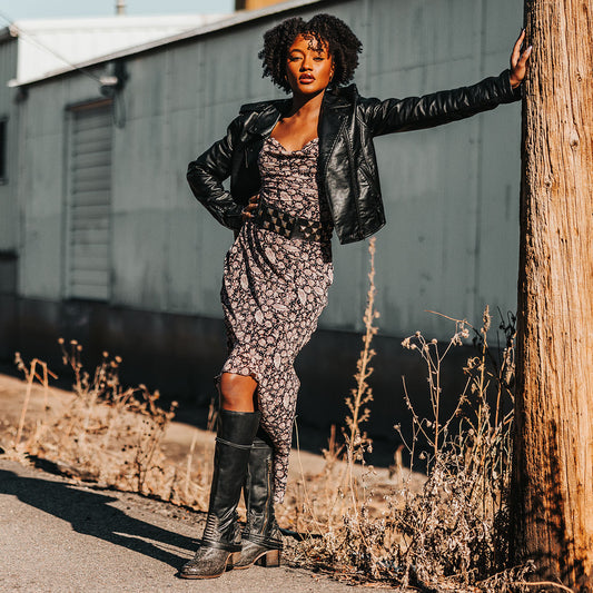 FREEBIRD women's Coal grey python leather knee high adjustable back lacing boot lifestyle image