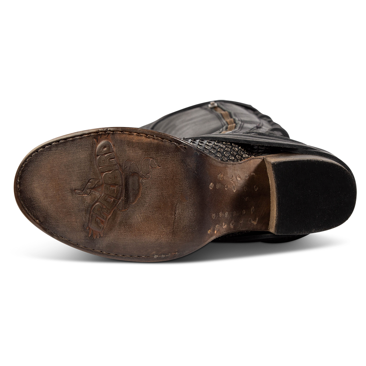 Leather sole imprinted with FREEBIRD on women's Coal grey python leather tall boot