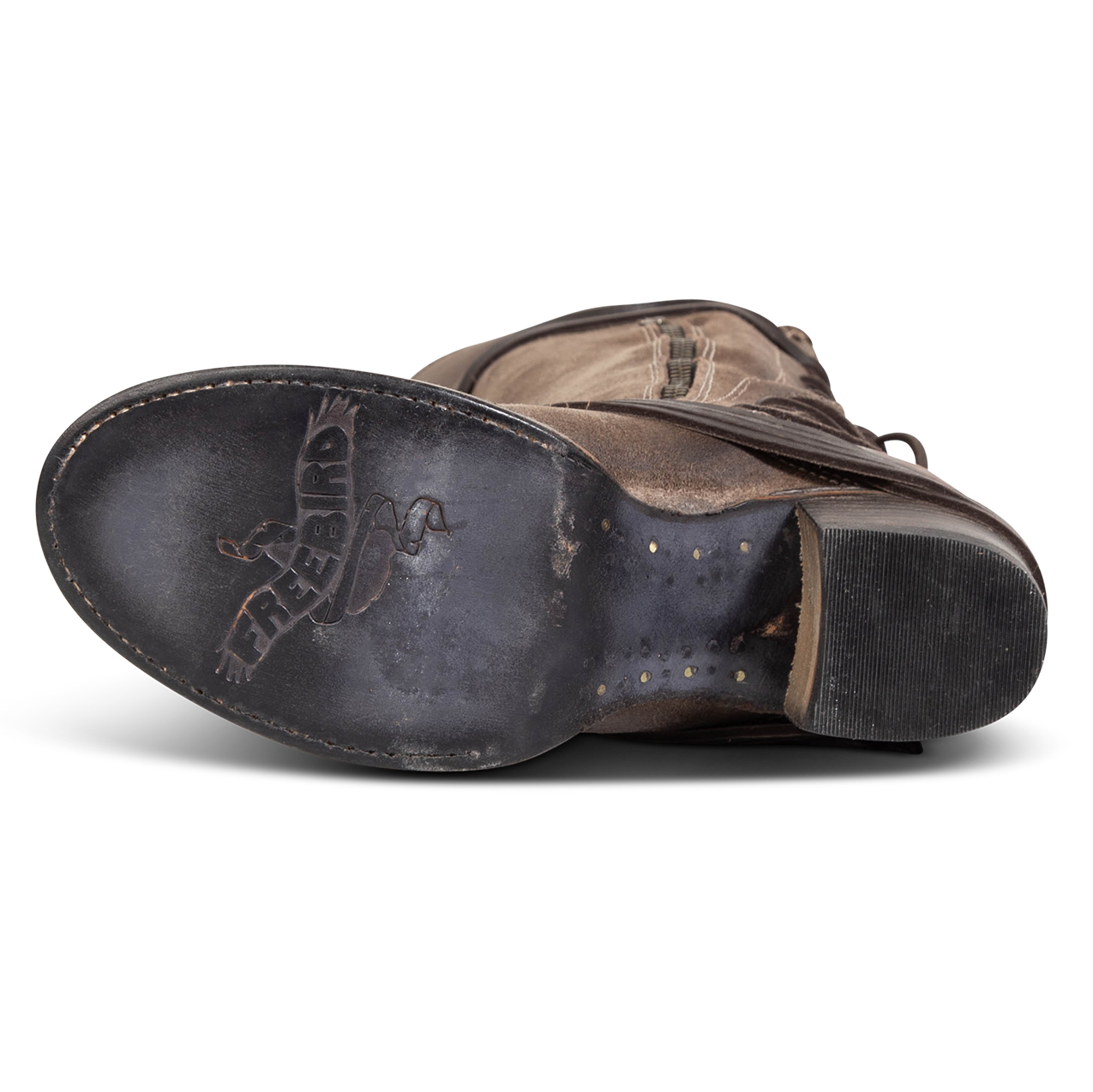 Leather sole imprinted with FREEBIRD on women's Coal grey suede tall boot