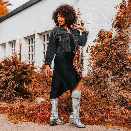 FREEBIRD women's Coal ice ostrich knee high adjustable back lacing boot lifestyle image