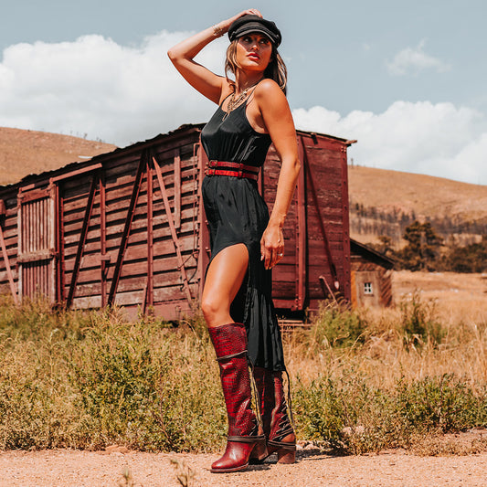 FREEBIRD women’s Coal red croco embossed leather knee high adjustable back lacing boot lifestyle