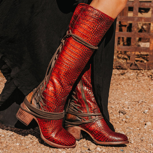 FREEBIRD women’s Coal red croco embossed leather knee high adjustable back lacing boot