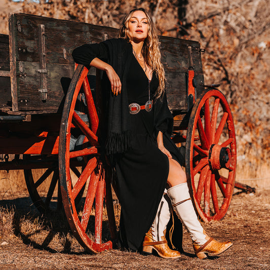 FREEBIRD women's Coal wheat ostrich knee high adjustable back lacing boot lifestyle image