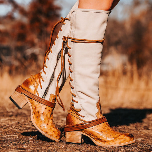 FREEBIRD women's Coal wheat ostrich knee high adjustable back lacing boot