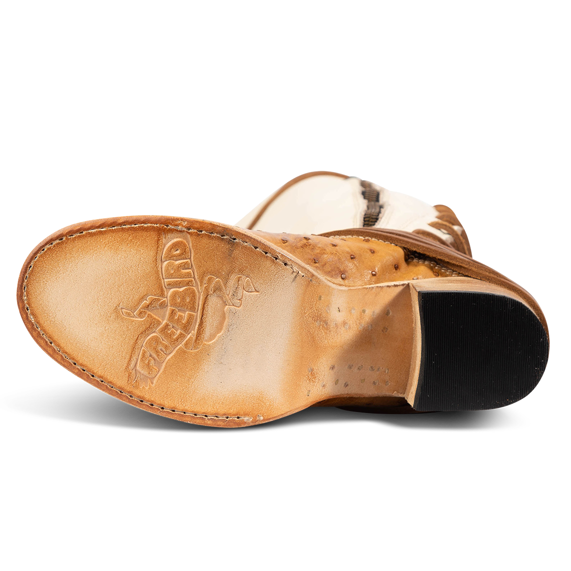 Leather sole imprinted with FREEBIRD on women's Coal wheat ostrich tall boot