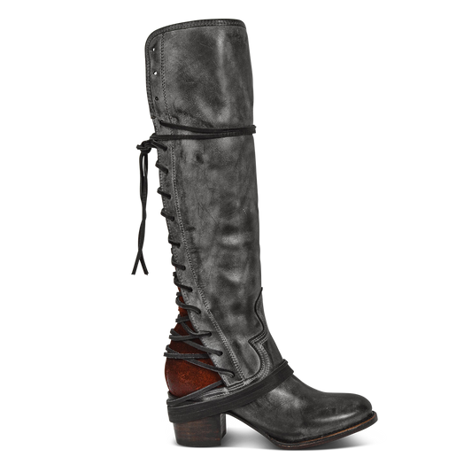 FREEBIRD women’s Coal black leather knee high adjustable back lacing boot