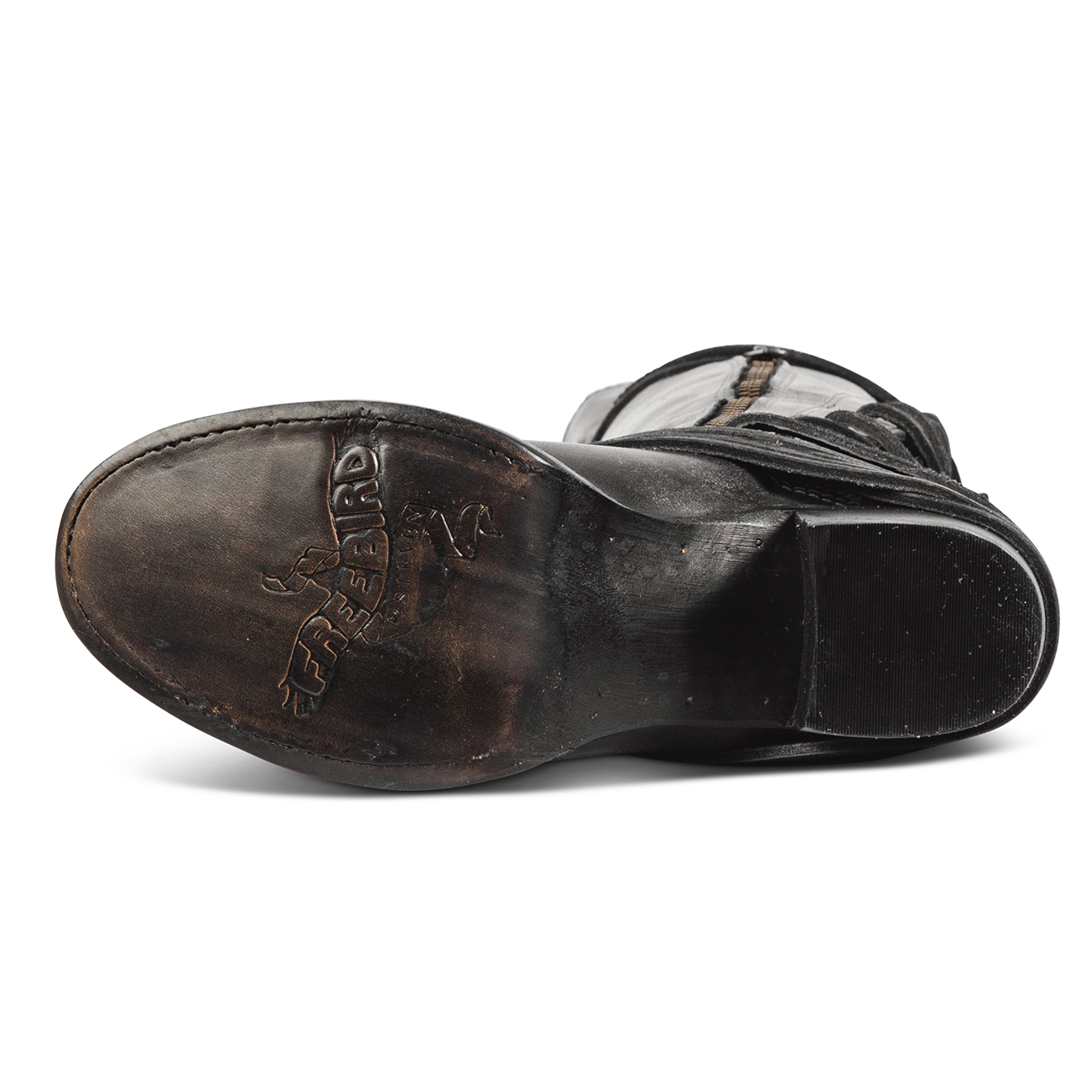 Leather sole imprinted with FREEBIRD on women's Coal black tall boot