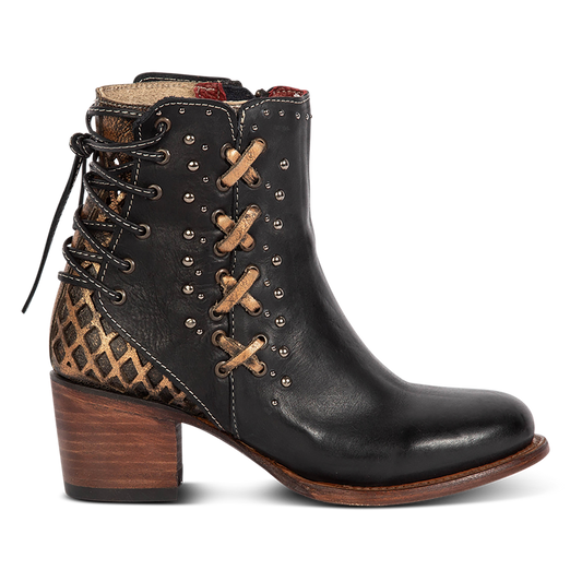 FREEBIRD women's Columbia black two-toned leather bootie with laser cut back panel detailing, adjustable back leather lacing and lifted heel