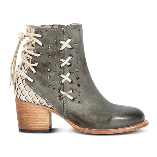 FREEBIRD women's Columbia blue two-toned leather bootie with laser cut back panel detailing, adjustable back leather lacing and lifted heel