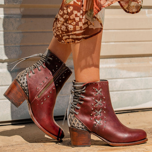 FREEBIRD women's Columbia red two-toned leather bootie with laser cut back panel detailing, adjustable back leather lacing and lifted heel