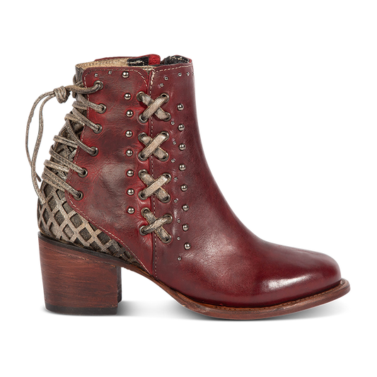 FREEBIRD women's Columbia red two-toned leather bootie with laser cut back panel detailing, adjustable back leather lacing and lifted heel